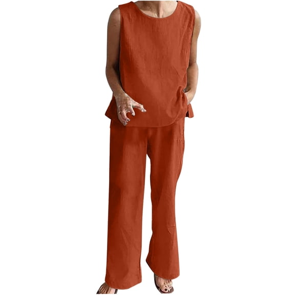 QUYUON Beach Outfits for Women Linen Pants Sets Women 2 Piece Outfits Summer Sleeveless Round Neck Tank Tops Elastic Waist Wide Leg Pants Trousers with Pockets Solid Color Casual Pants Sets