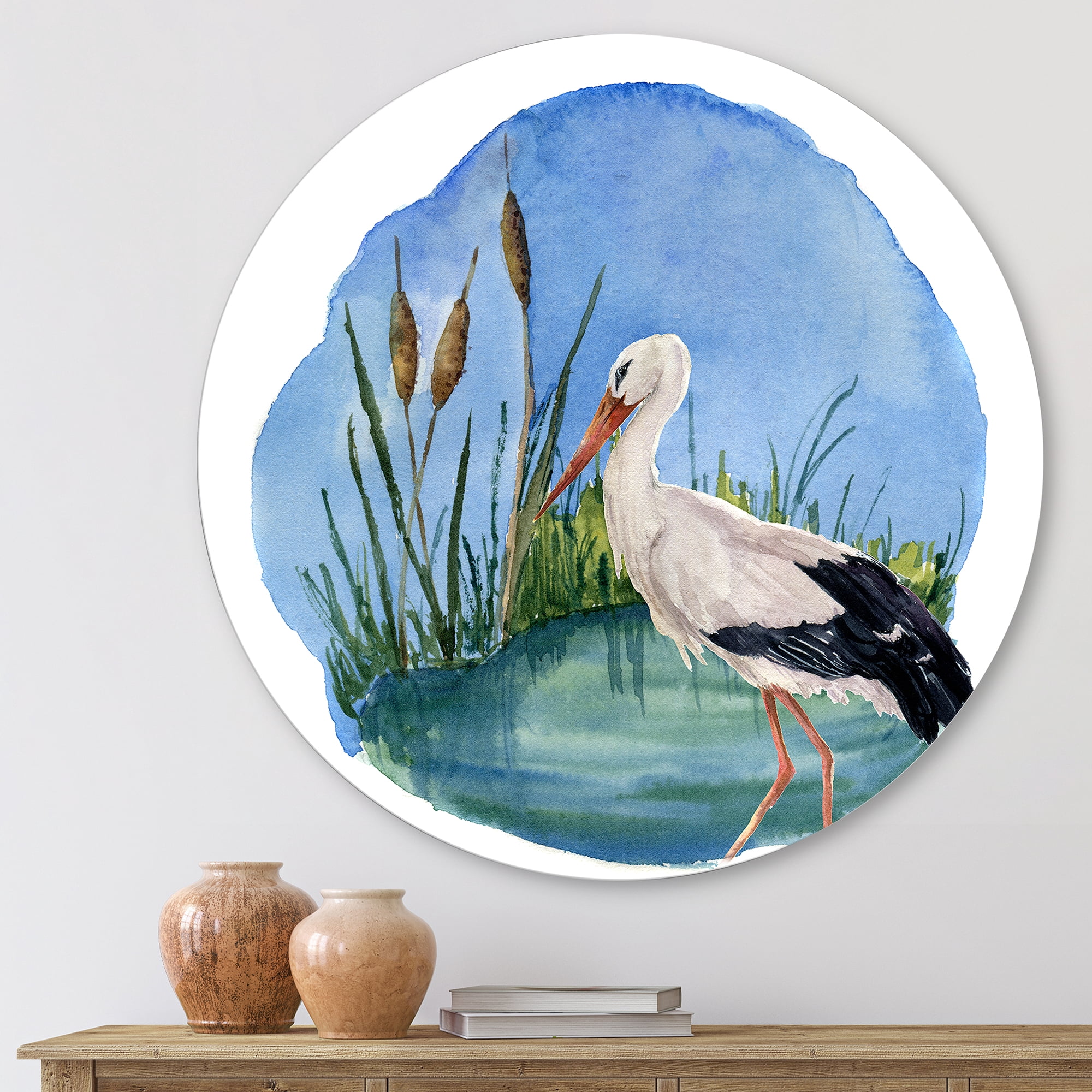 Designart 'White Stork On The Swamp Blue' Traditional Circle Metal Wall Art 11x11 - Disc of 11