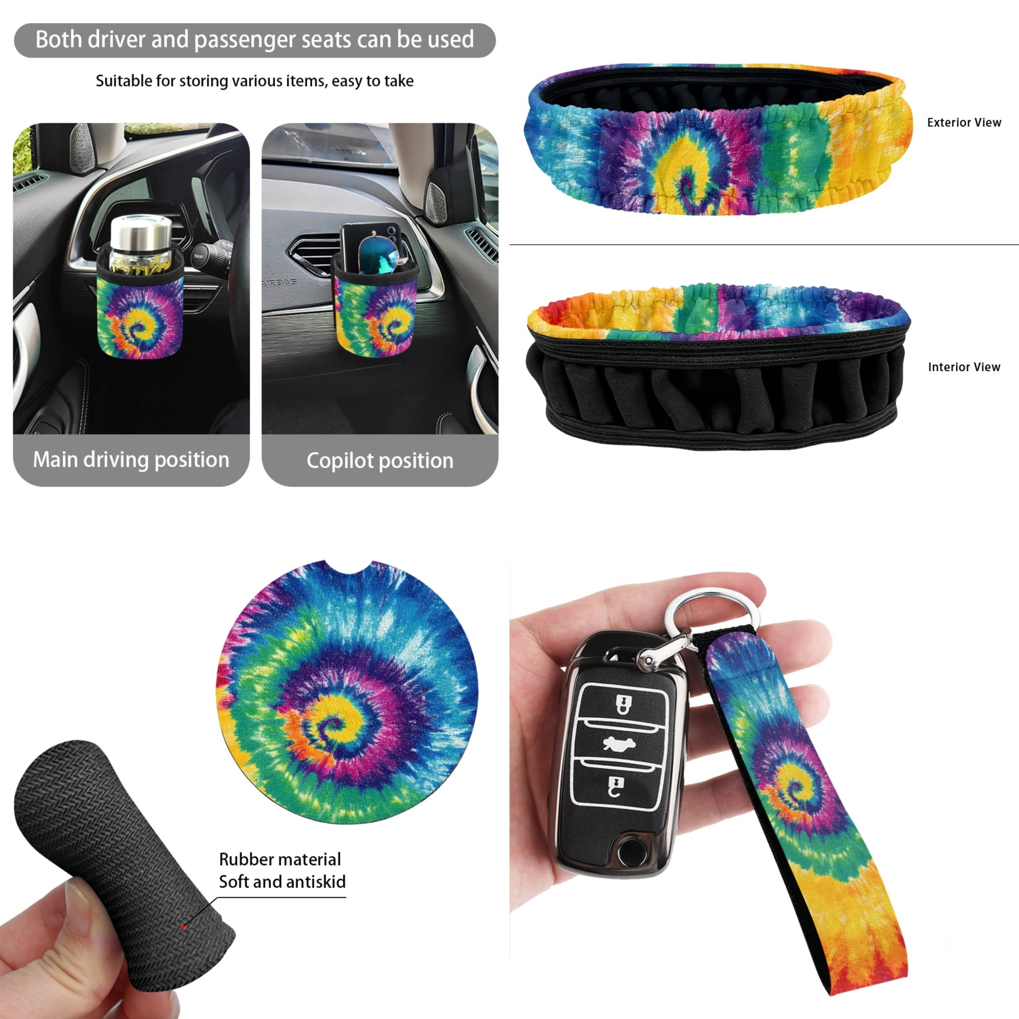Yuyamidu Rainbow Tie Dye Car Seat Cover 15 Pack Front Back Seat Cover with Universal Steering Wheel Cover Seatbelt Strap Pad Trash Can Car Vent Organizer Cup Holders Rearview Mirror Cover Keychain