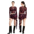 thumbnail image 2 of Women 2 Piece Outfits Rose Print Sheer Long Sleeve Shirt and Irregular Mini Ruffle Skirt Set for Streetwear, 2 of 10