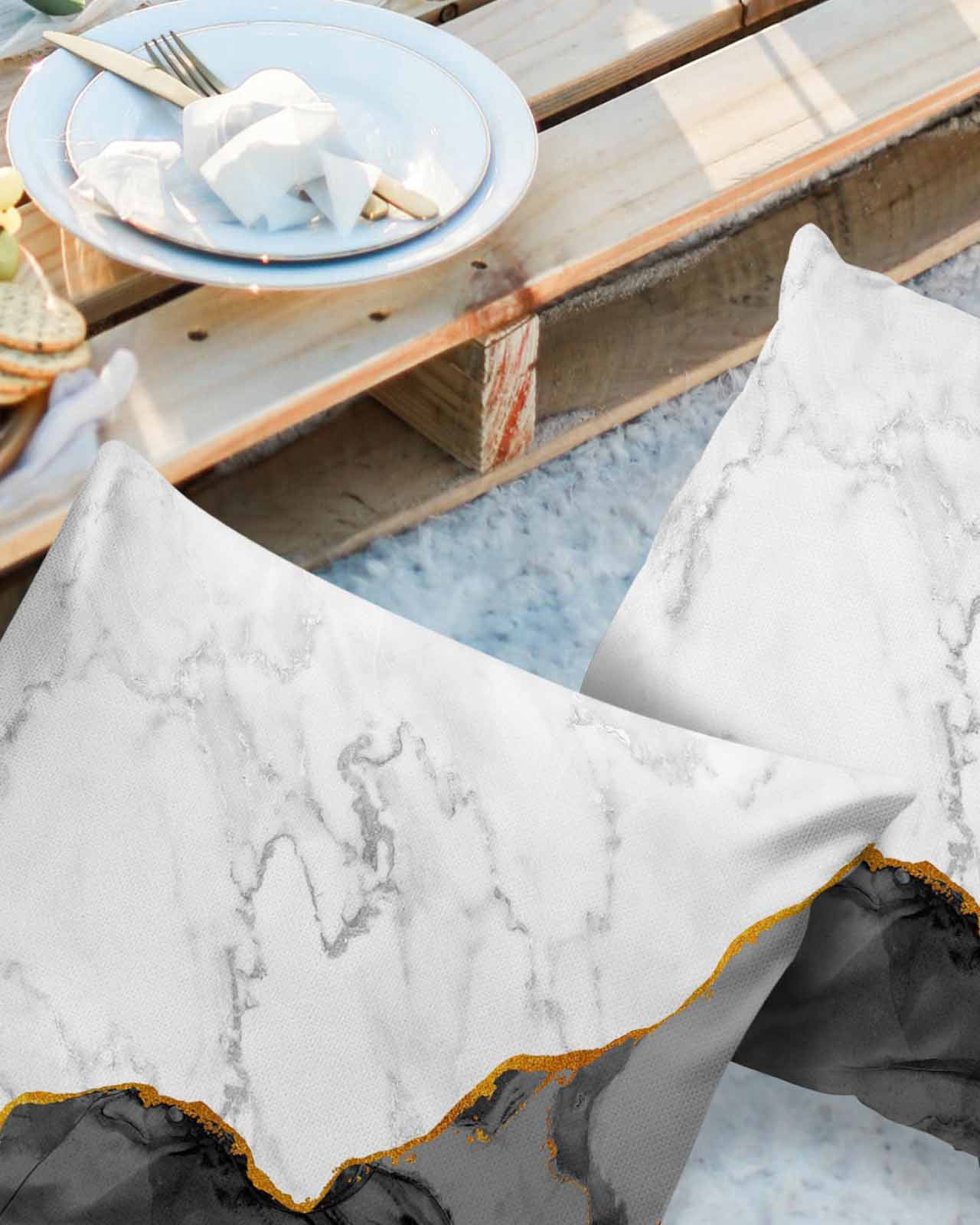 Pack of 2 Outdoor Pillow Covers, Black Grey White Marble Golden Lines Marble Abstract Art Modern Waterproof Square Throw Pillowcase Cushion Decorative Pillow Covers for Couch Patio Tent, 16x16 in