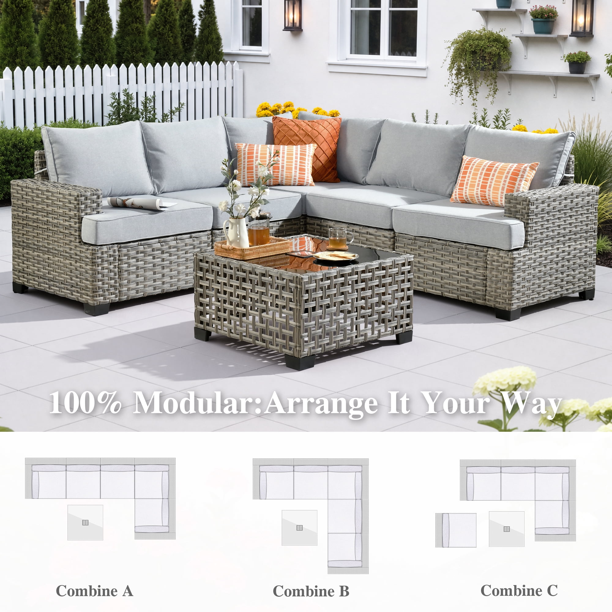 Ovios 6-Piece Outdoor Patio Furniture Set with Solar-Powered Lighted Coffee Table, All-Weather Wicker L-Shaped Sectional Sofa, Gray