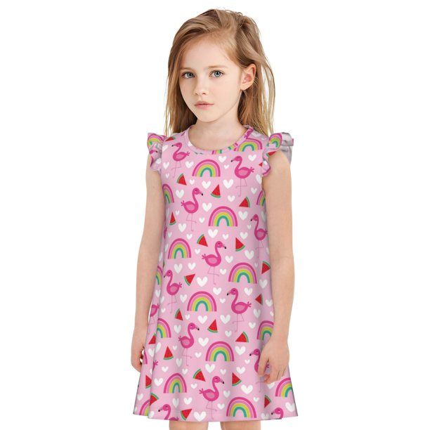 Balery Cute Flamingo Camisón de princesa para niñas, pijama de algodón con mangas abullonadas, suave y bonito.-Medium