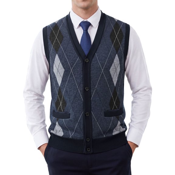 INSPIRE CHIC Men's Classic Sleeveless V-Neck Button Argyle Knitwear Sweater Cardigan Vest M Navy Gray