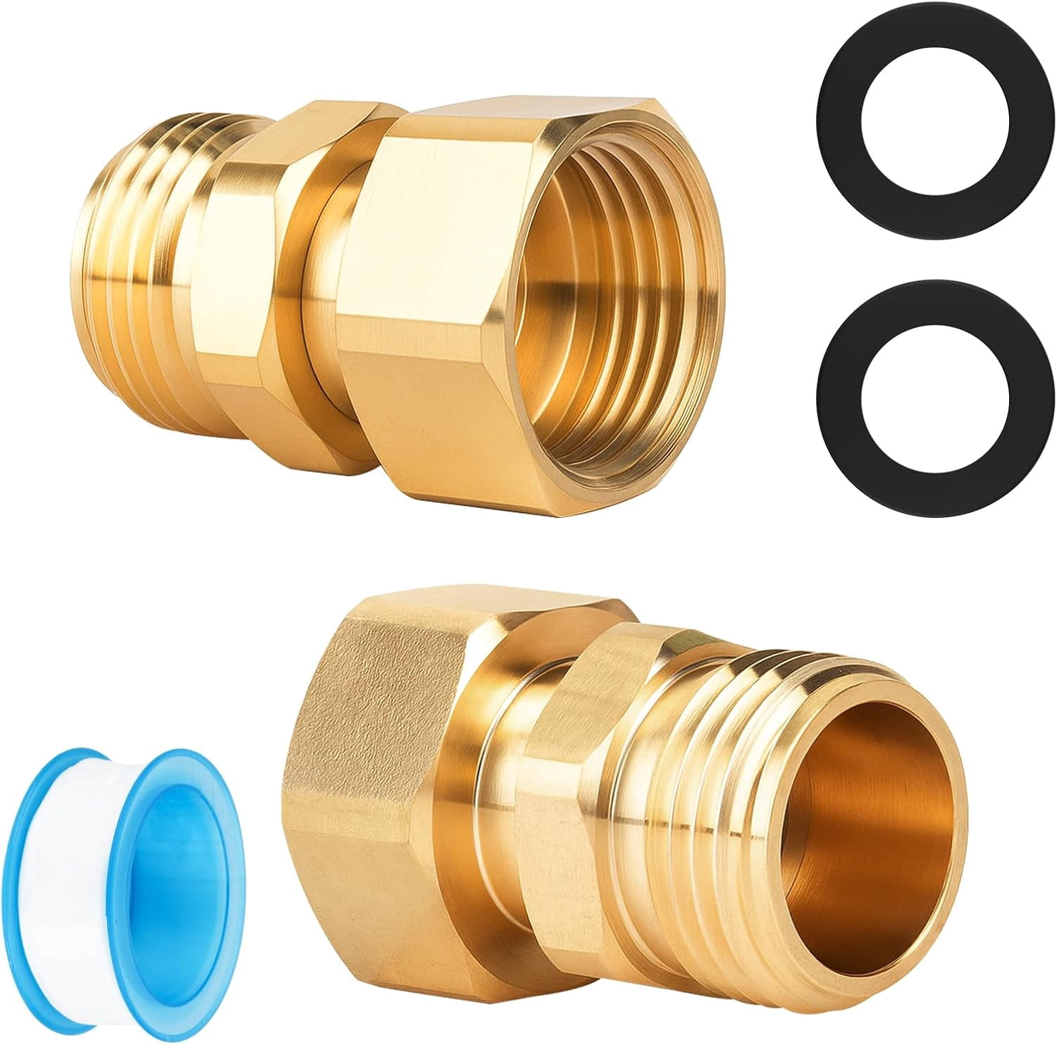 HRTGFD-Garden Hose Swivel Connector 3/4 GHT Female to Male Hose Adapter 360 Degree Water Hose Swivel Fitting For Pressure Water Hose Quick Connect Fittings 2 Pack with PTFE Leak Proof Tape and Washer