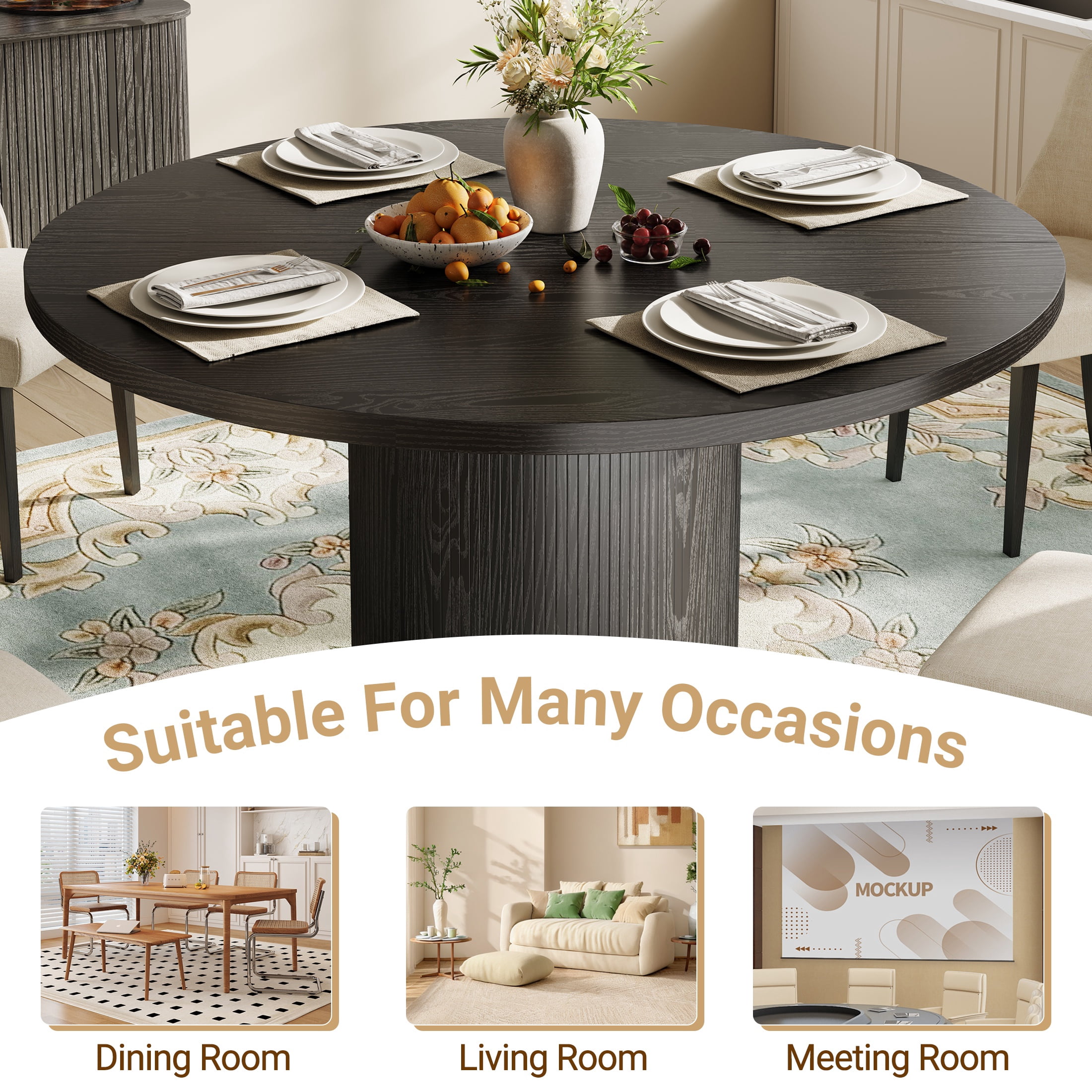 UHOMEPRO Round Dining Table, 47" Circle Kitchen Table for 4-6, Farmhouse Dining Room Table with Sturdy Wood Strip Base, Modern Dining Table for Dining Room Living Room, Black(Only Table)