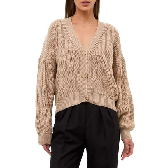 Women'S Chunky Knit Cardigan Sweater V-Neck Long Sleeve Button Casual Loose Cropped Cardigan Coat Khaki S