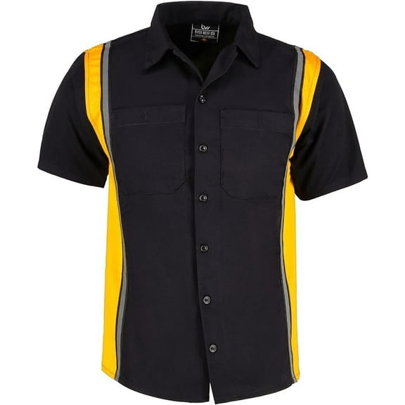 BIKER WEAR USA Men’s Work Shirt- Mechanical/Industrial Work Shirt with Vertical Reflective Lining Black/Gold