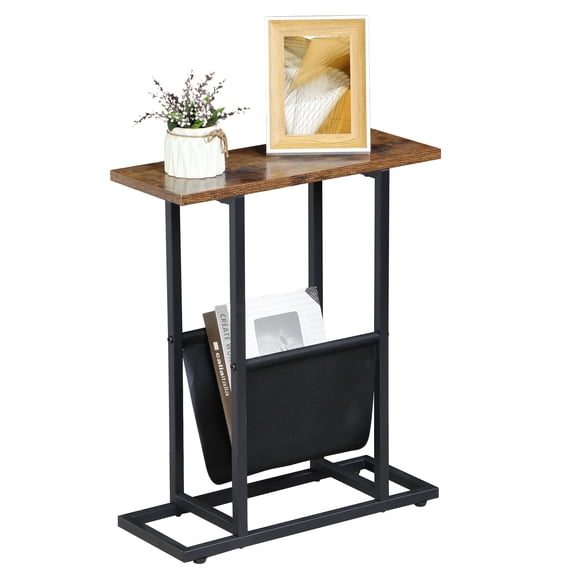 Chenshuoo Narrow Side Table for Small Spaces, Small End Table with Magazine Holder, Skinny Slim Little Thin Table for Living Room, Bedroom, Sofa, Rustic Brown
