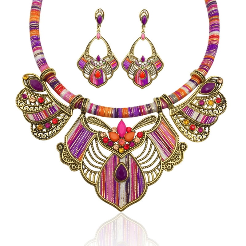 Fashion Women Boho Choker Necklace Earring Set Tribal Ethnic Jewelry Gift 
