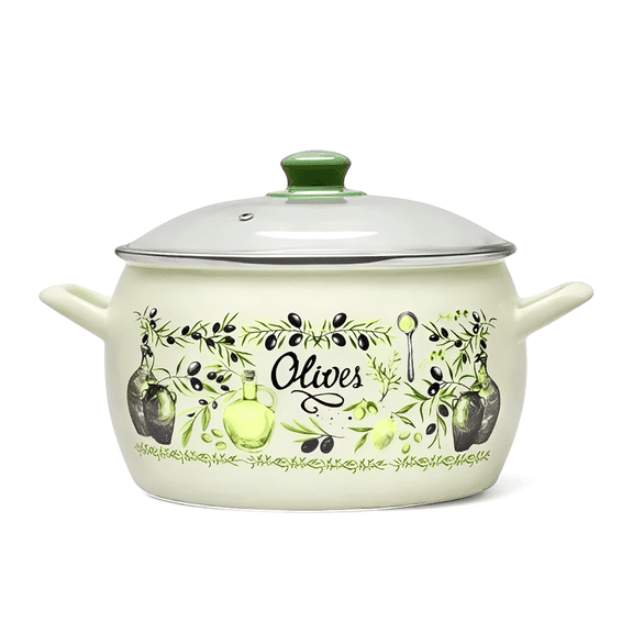 METALAC Olives Enamel Stockpot with Glass Lid 5.6 Qt (5.3 L) Enameled Steel Stock Pot for Cooking Induction Soup Pot