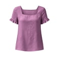 thumbnail image 6 of QUNYINEY Womens T Shirt Summer Short Sleeve Cotton Linen Ruffle Tunic Tops Square Neck Solid Loose Fit Casual Pullover Shirts, 6 of 7