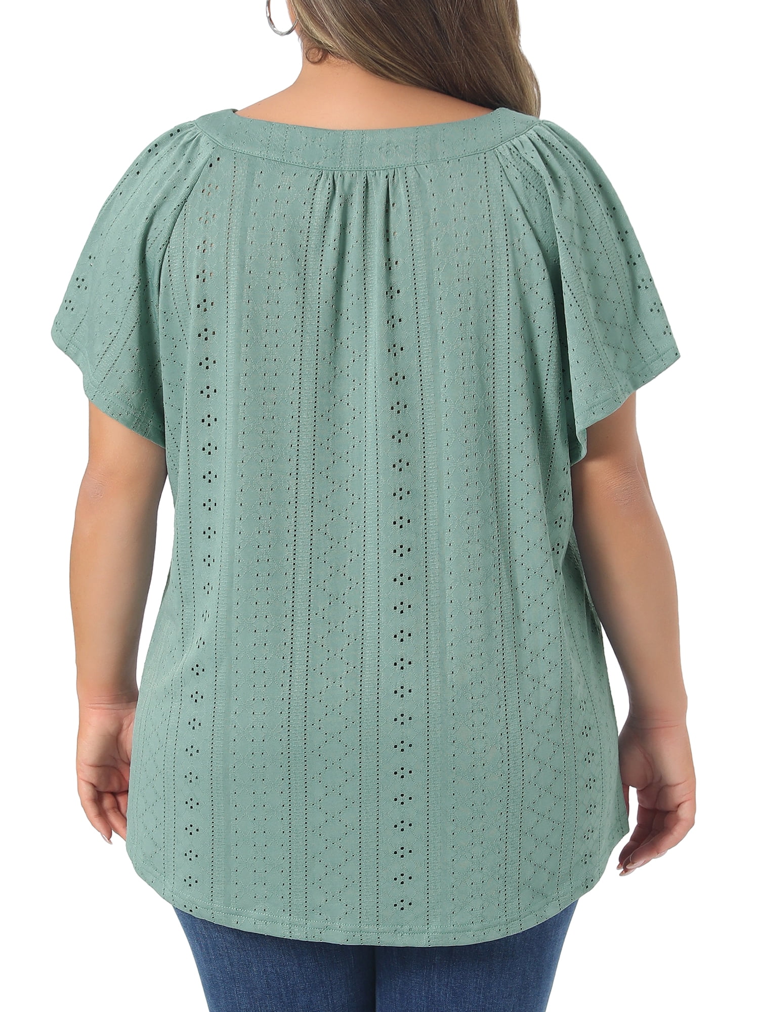 Women's Plus V Neck Short Sleeve Eyelet Embroidery Casual Blouse 2X Green