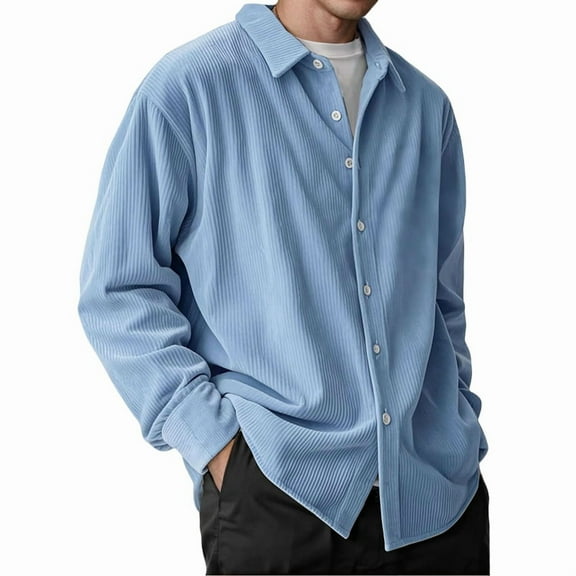 Corduroy Shirt Mens Lapel Long Sleeve Wrinkle Free Casual Button Down Shirts Work Overshirt Shackets  Blue S