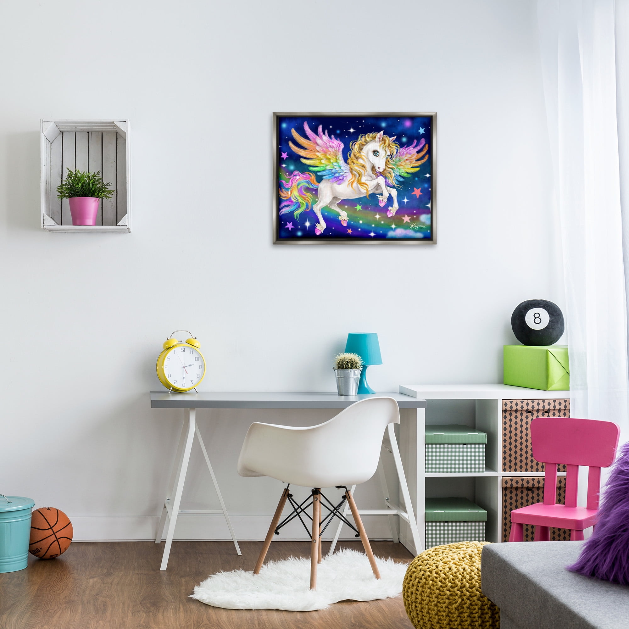 Stupell Industries Rainbow Unicorn in Space Fairy Tales & Fantasy Painting Gray Floater Framed Canvas Art Print Wall Art, 31 x 25