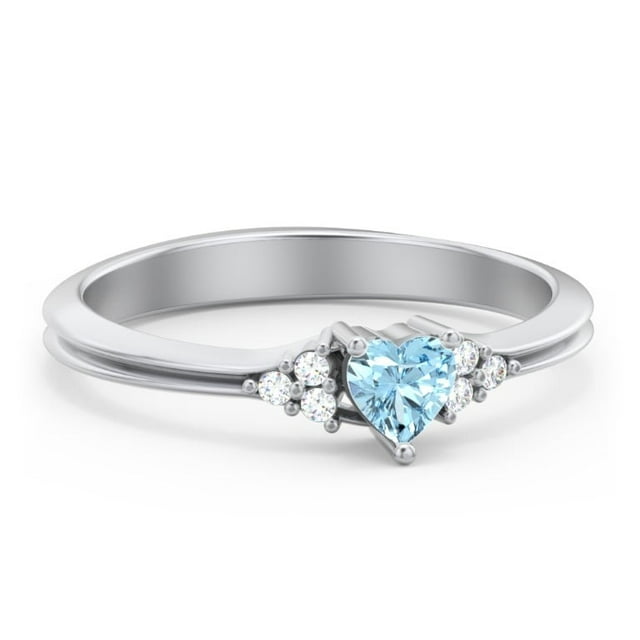 Birthstone Heart Ring with Shoulder Accents - Blue Topaz (December)