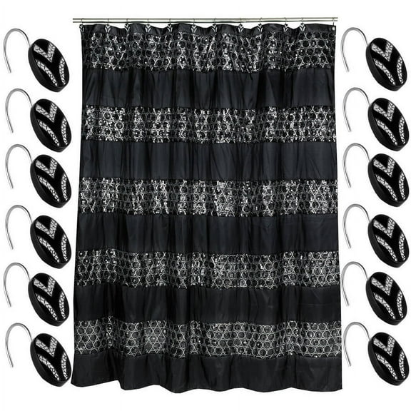 Popular Bath Sinatra Black 70 x 72 Bathroom Fabric Shower Curtain & Hook Set