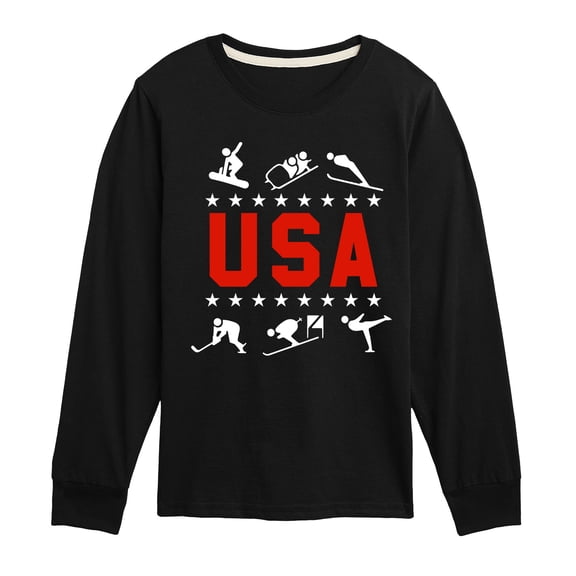Instant Message - USA Winter Sport Icons - Youth Boys Long Sleeve Graphic T-Shirt