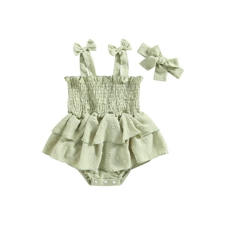 

One opening Infant Baby Girls Romper Dress Solid Color Bow Straps Ruched Sleeveless Skirts Ruffled Hem Bodysuits with Bowknot Headband