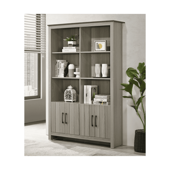 Miekor Furniture Nilda 47"W Gray Oak Bookcase Shelf with Cabinet Doors No8341