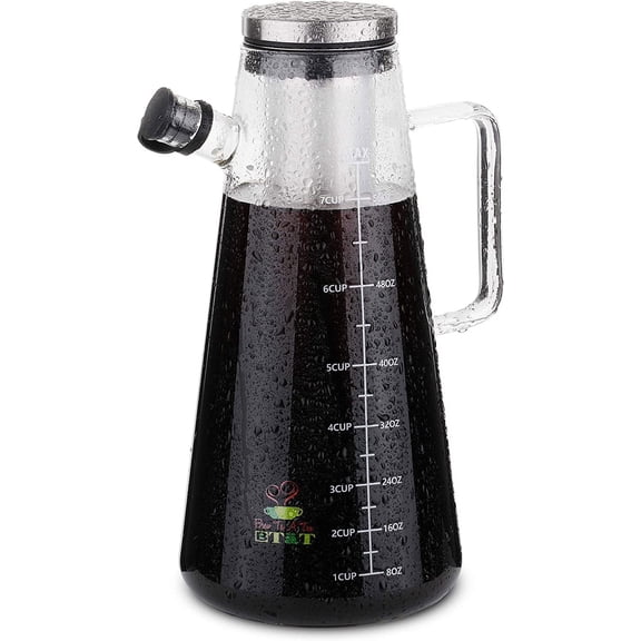 BTaT- Airtight Cold Brew Iced Coffee Maker Pitcher 2 Liter/ 64 oz Iced Tea Maker with Spout Brewing Glass Carafe with Removable Stainless Steel Filter