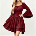 thumbnail image 4 of KICILVS Halloween Dresses for Women Plain Square Neck Flare Sleeve Dress Ruched Bust Layered Hemline Mini Party Gown Purple, 4 of 8