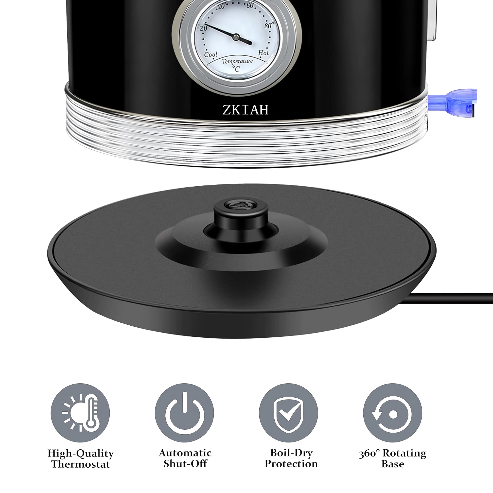 1.7L Electric Kettle with Thermometer, Retro Stainless Steel Water Tea Maker with Limescale Filter, Automatic Shut-Off (Black) - BT-K15T
