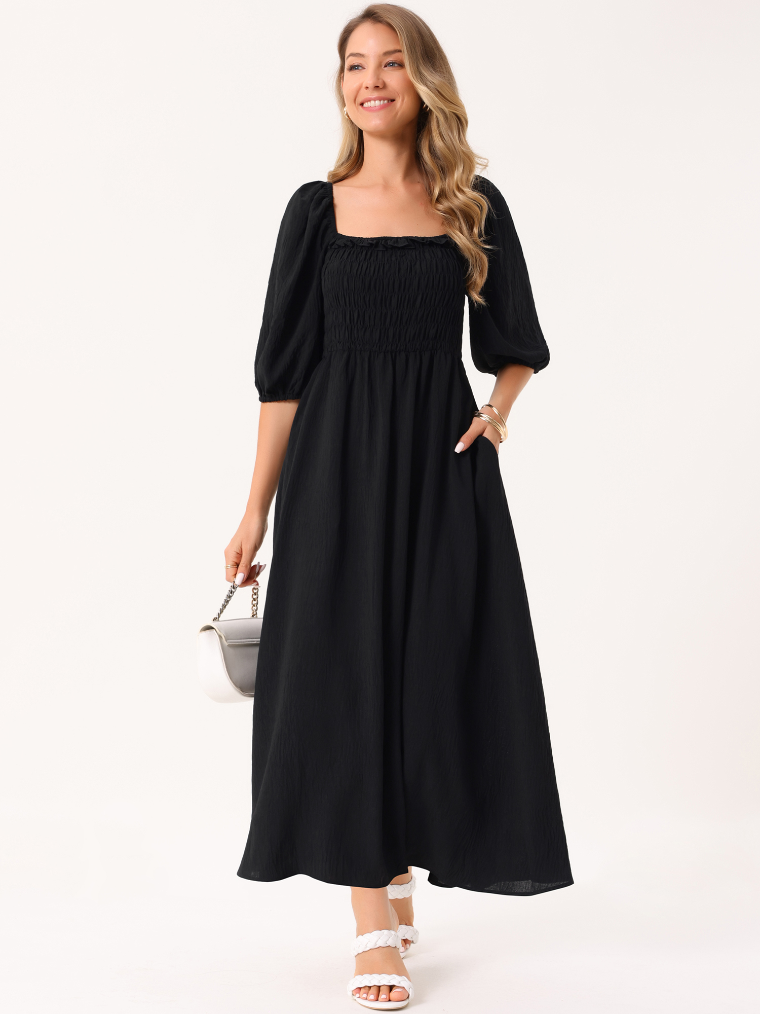 DARING DIVA Puff Half Sleeve Square Neck Smocked Flowy Maxi Dress M Black