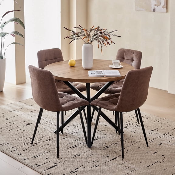 5 Pieces Round Dining Table Set - Mid-Century Brown Dining Table with 4 Brown Faux Leather Chairs Set, Coffee Table & Chairs with Black Metal Legs for Kitchen Dining Room, Apartment