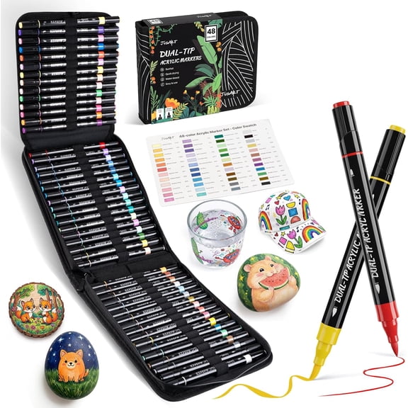 JusArt 48 Colors Acrylic Paint Markers Set with Canvas Bag, Dual Tips with Brush Tip & Fine Tip, No-Bleed, Waterproof, Non-Toxic & Odorless Paint Pens for Rock, Egg, Wood, Canvas, Ceramic, DIY