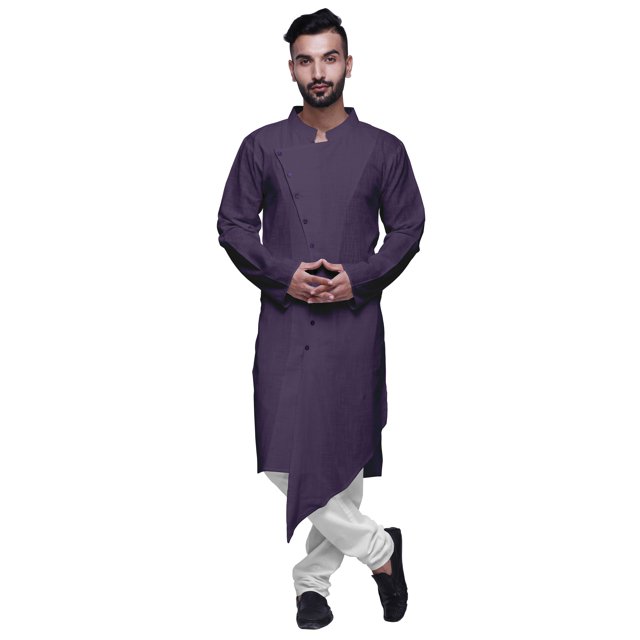 Atasi Kurta à Manches Longues Style Angrakha en Satin de Coton pour Hommes, Kurta Uni de Designer