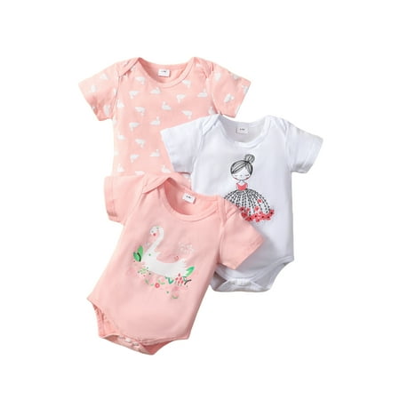 

Canrulo 3Pcs Newborn Baby Boy Girl Romper Outfits Short Sleeve Cartoon Printed Bodysuit Casual Clothes Swan Girl 9-12 Months
