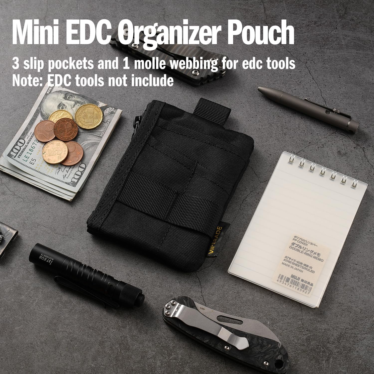 VIPERADE 6-in-1 EDC Pouch, 500D Compact EDC Pocket Organizer, Molle Extension Tool Storage Bag, Small Coin Purse/Card Holder/Swiss Army Knife Pocket Pouch (Black)