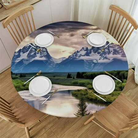

Orinice Mountain Range River Cloudy Sky Round Table Cover Stain Resistant Washable Indoor Outdoor Tablecloth Kitchen Dining Wedding Parties Picnic Camping 100% Polyester Fiber 42-46