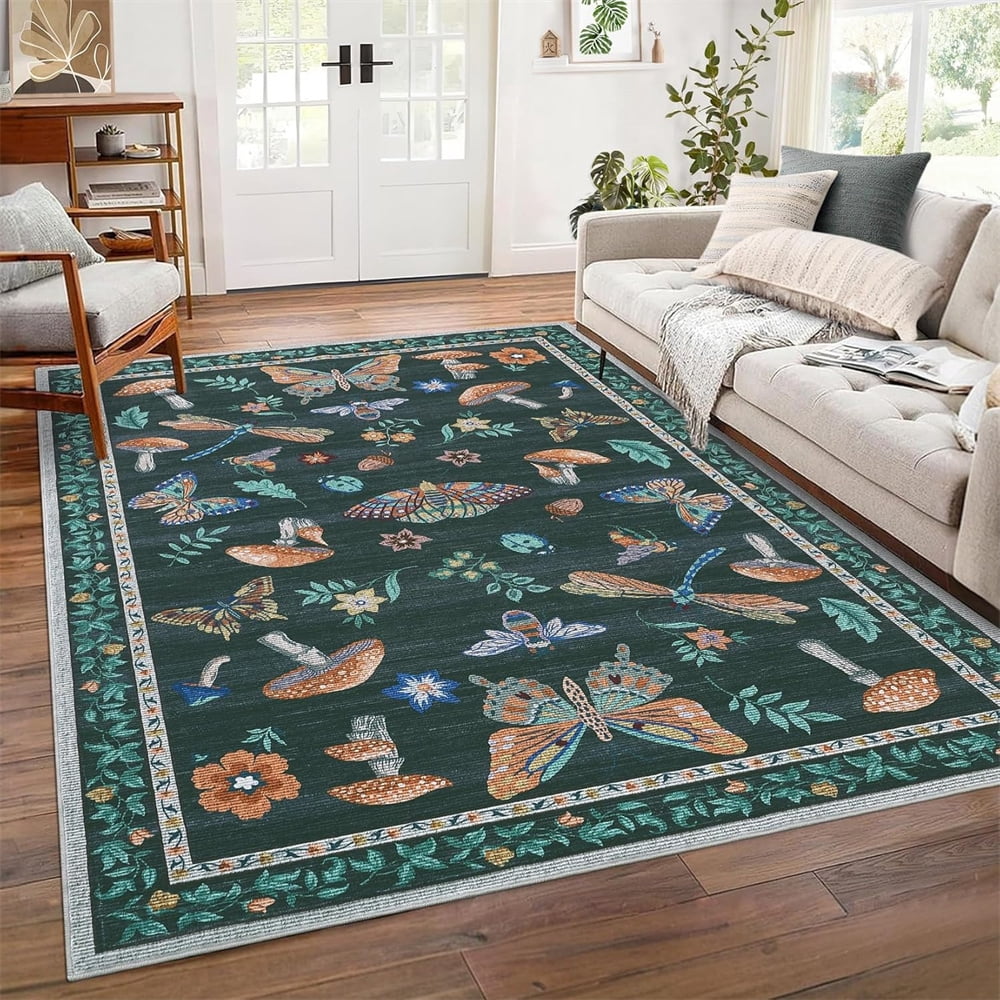 Washable Runner Rug Modern Insect Floral Print Area Rug Mushroom Carpet for Kitchen Stain Resistant Carpet with Non-Slip Backing Low Pile Floor Cover for Hallway Laundry Bedroom