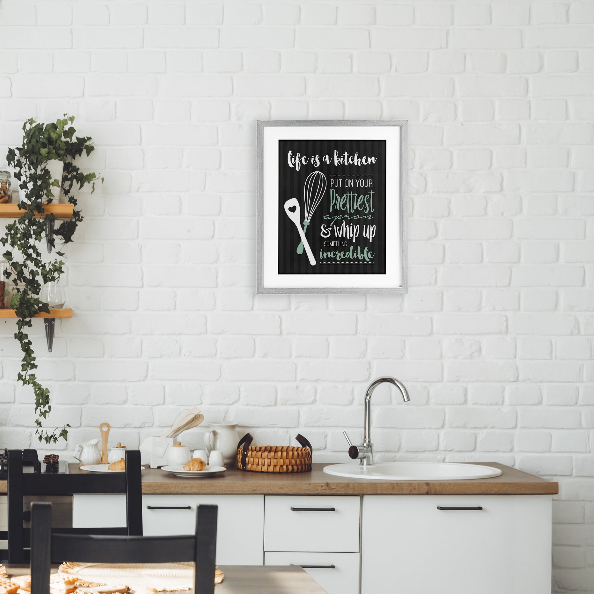 Life Is A Kitchen Motivational Gray Framed Print Under Glass, design by Lettered and Lined