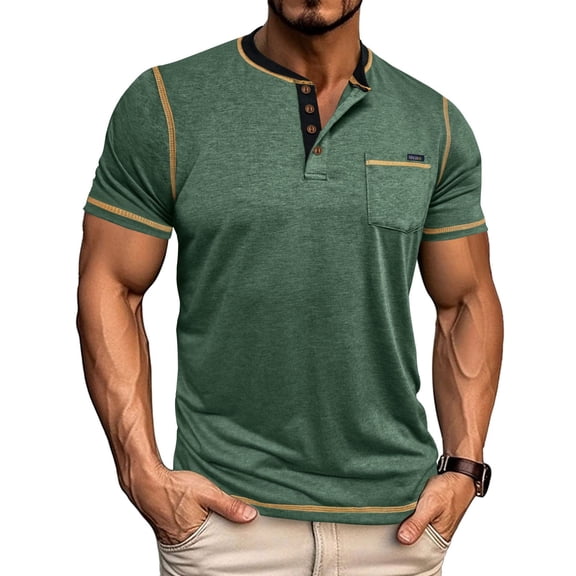 Dwelliawo Mens Short Sleeve Shirts Henley Short Sleeve Shirts Casual Comfortable Tees Summer Classic Tshirt Button Down Stand Collar Shirt with Pocket Green 3XL