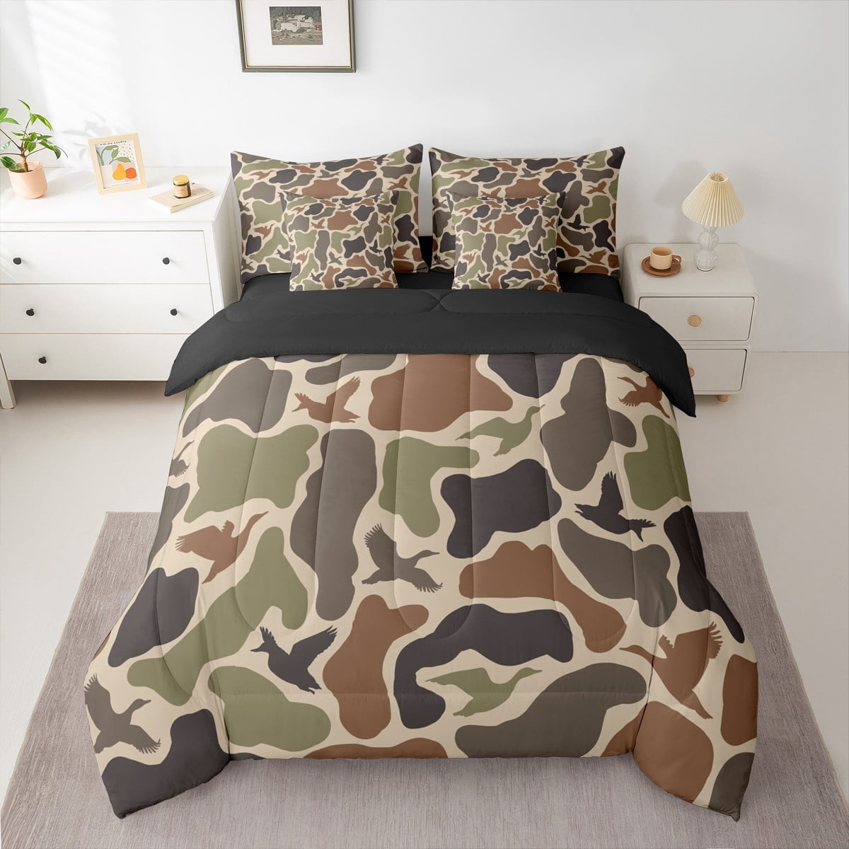 Manfei Mallard Duck 7pcs Bedding Comforter Set,Rustic Camouflage Queen Bedding Sets Super Cozy,Abstract Vintage Queen Sheet Sets,Breathable Animal Home Decor,Reversible