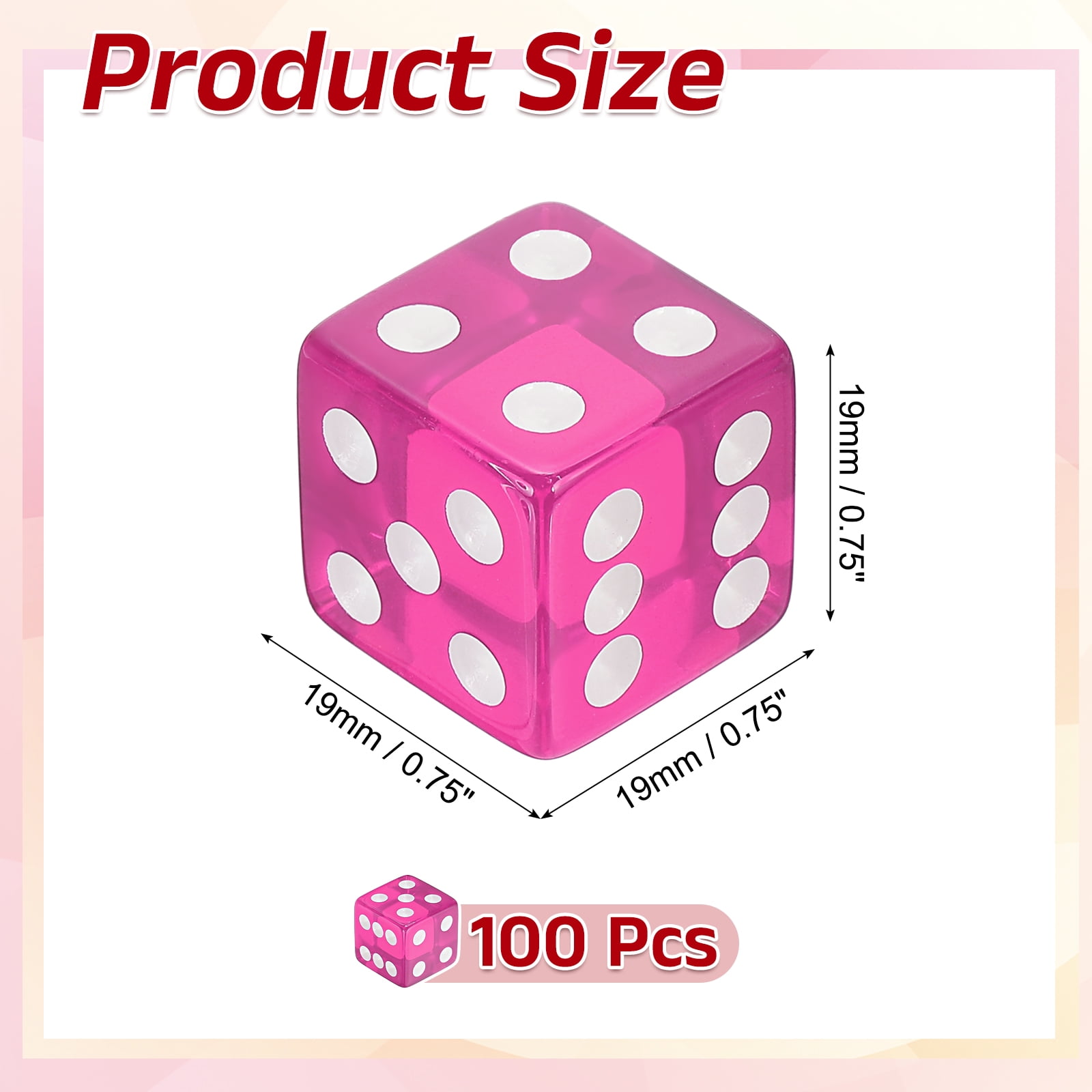 100Pack 19mm/0.75" Acrylic Translucent Rounded Edge D6 Dice, Pink