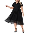 thumbnail image 1 of Vestido de cóctel midi de encaje floral de talla grande para mujer Agnes Orinda, con doble capa, escote en V, mangas cortas y corte en A, 1X negro, 1 of 8