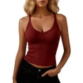 thumbnail image 3 of Ribbed Tank Tops with Built in Bra, Womens Racerback Tanks Sleeveless Knit V Neck Slim Fit Cropped Tees (M, Wine), 3 of 8