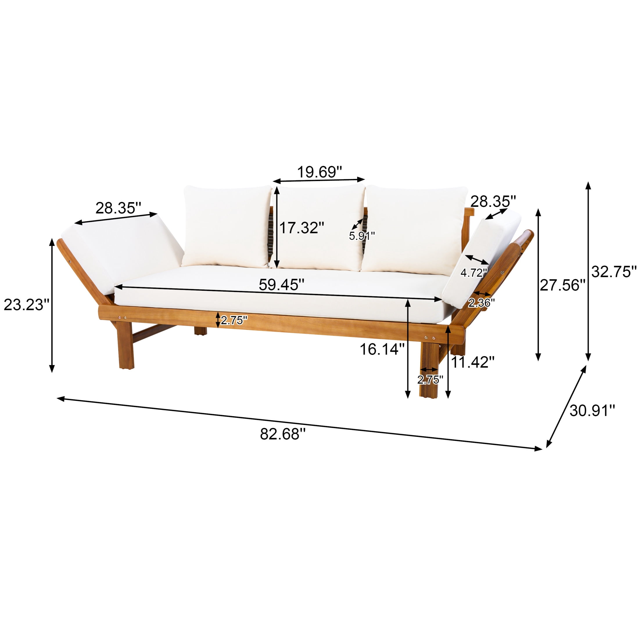 Christopher Knight Home 94.41" Outdoor Daybed with Adjustable Armrests, Teak and Cream