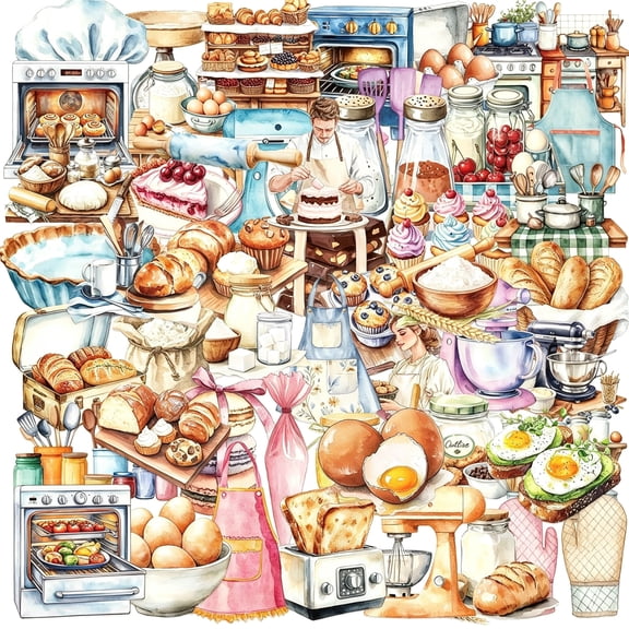 KAISA 50Pcs Funny Baking Stickers,Realistic Transparent Bakery Pet Stickers,Cute Waterproof Sticker for Laptop,Stationery,Luggage Scrapbooking,Water Bottles,Bakery Themed Party
