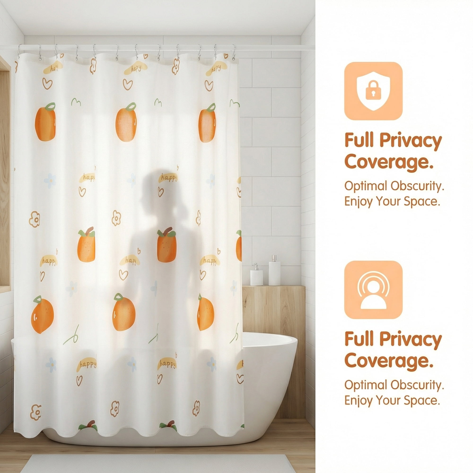 Unique Bargains Water-Resistant Printed Shower Curtain with 12 Hooks Orange 71"W x 71"L