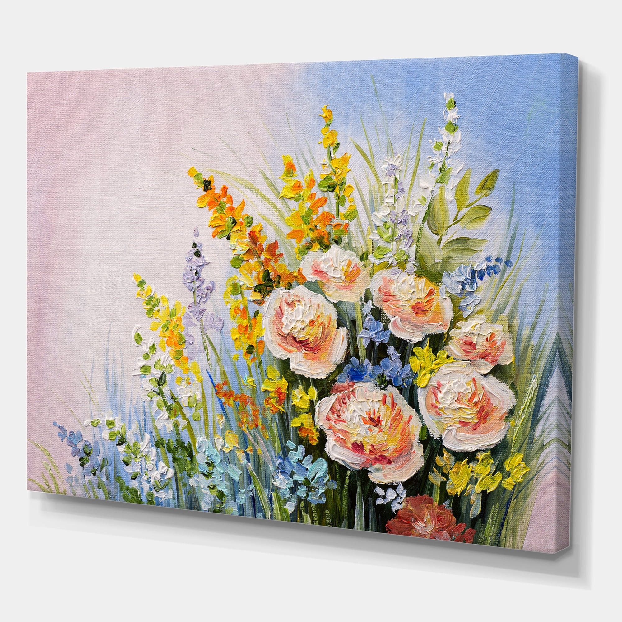 Designart ' Yellow and Pink Summer Wildflowers ' Traditional Canvas Wall Art Print