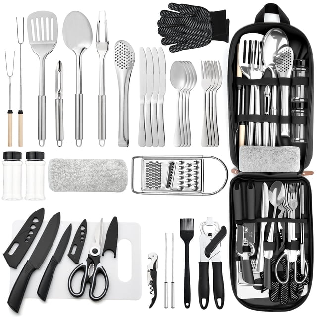 Juego de utensilios de cocina portátil para acampar 34 piezas kit de utensilios de cocina utensilios de cocina y parrilla de acero inoxidable juego de