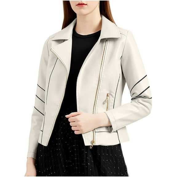 HTNBO Women Faux Leather Bomber Jackets Full Zip Lapel Vintage Casual Moto Crop Coat Loose Long Sleeve Outerwear