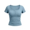 thumbnail image 4 of TKLPEHG Summer Tops For Women 2026 Short Sleeve Solid Color Tee Shirts Fashion Dressy Casual Crew Neck Button Slim Tops (Light Blue,S), 4 of 6