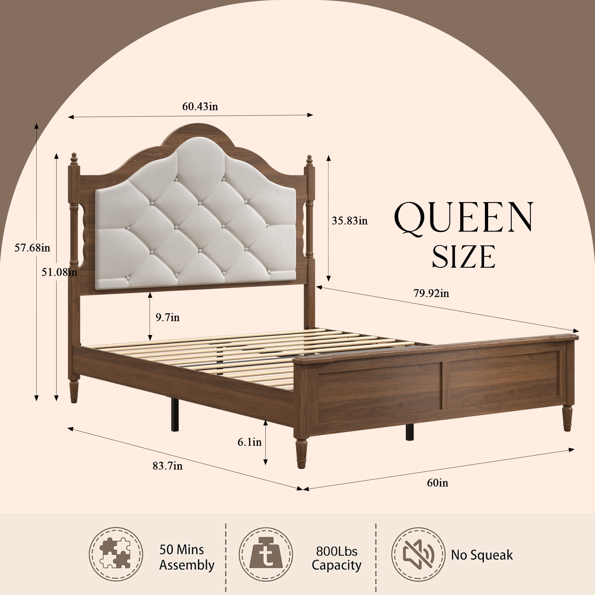 Miniyam Queen Size Farmhouse Upholstered Platform Bed Frame with Diamond Tufted Headboard, Brown Wood Finish