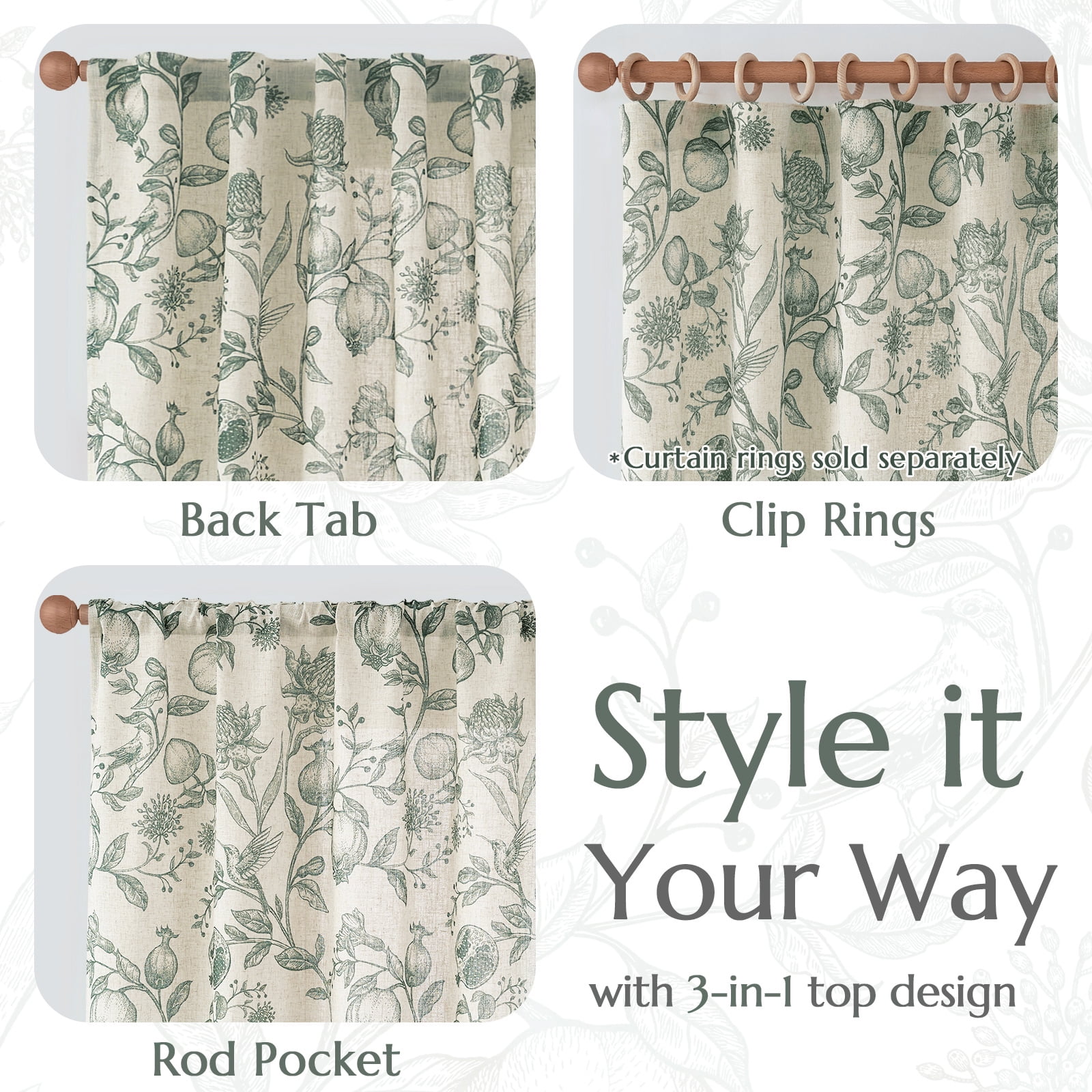 Curtainking Linen Floral Curtains 84 inch Length Curtains Back Tab Light Filtering Farmhouse Drapes for Living Room Bedroom 2 Panels Dark Green
